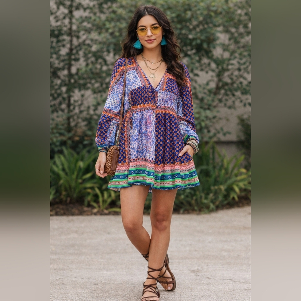 Velzera Patchwork Floral Baby Doll Mini Dress Boho V-Neck Size Small